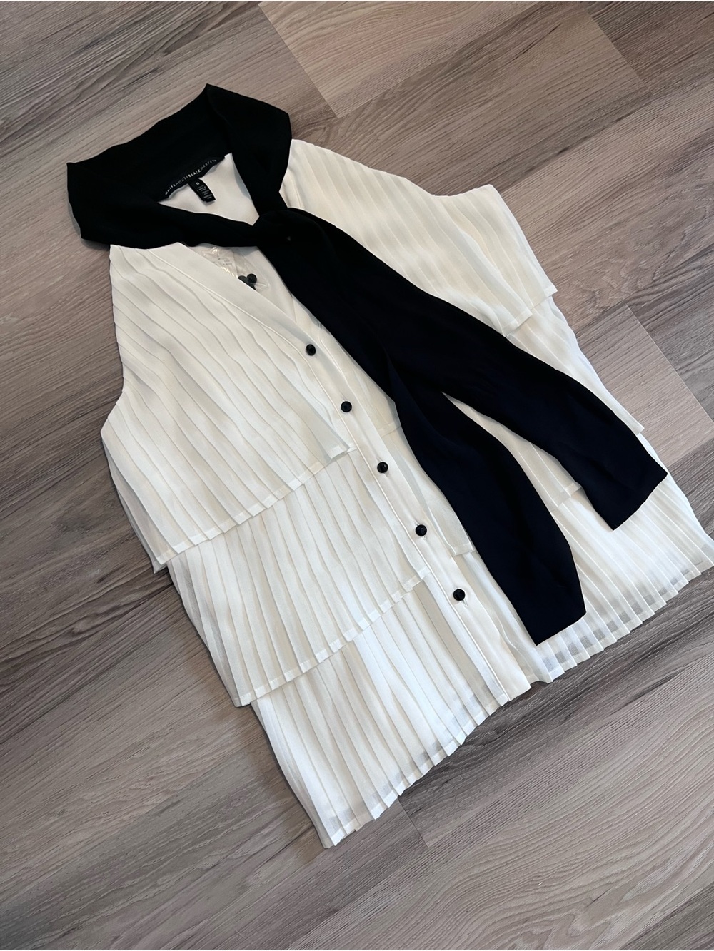 White House Black Market White Pleated Blouse with Black Neck Tie